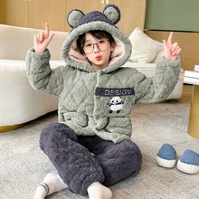 实体批发男童睡衣冬季款儿童三层夹棉加厚珊瑚绒小男孩大一件代发