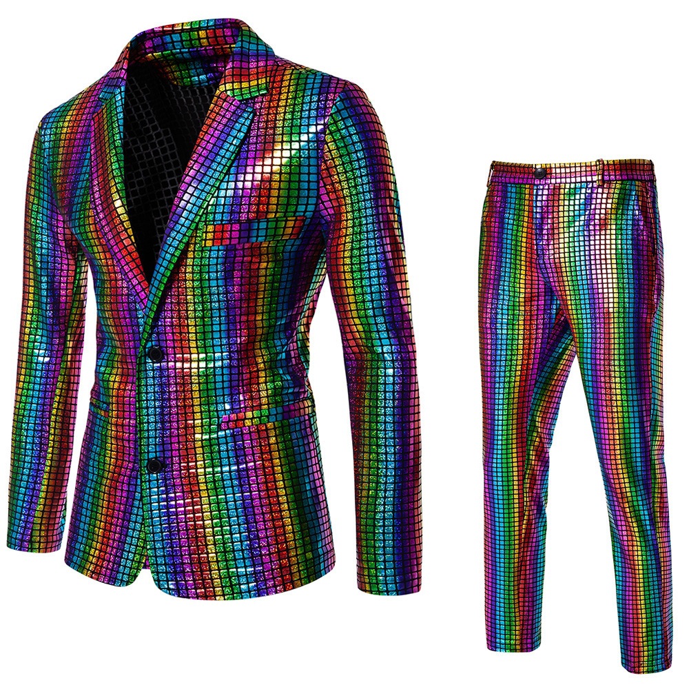 Men's Sequined Gold-Stamped Suit for Disco Cosplay Party Stage Nightclub Shiny Cool Performance Suit Set