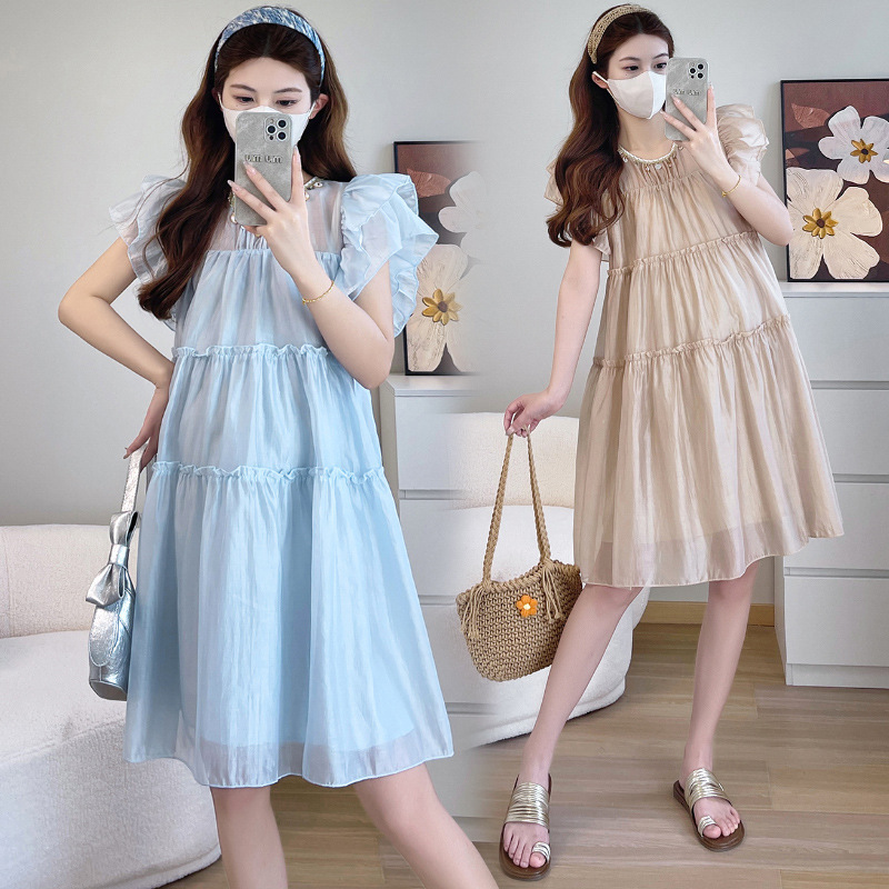 Real Shot of Maternity Wear 2025 Summer Sweet Heavy-Duty Round Neck Flying Sleeves French Baby Doll Skirt Elegant Cake Dress