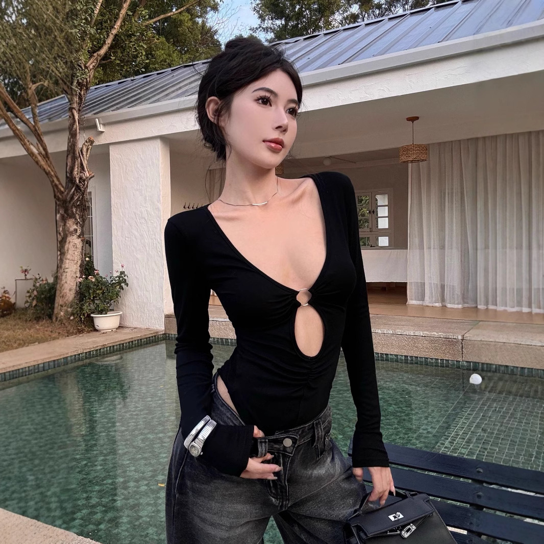 [Factory Outlet] Hollow Spice Girls V-neck T-shirt with Spring Waist Tight Mid-length Pleated Long-sleeved Jacket