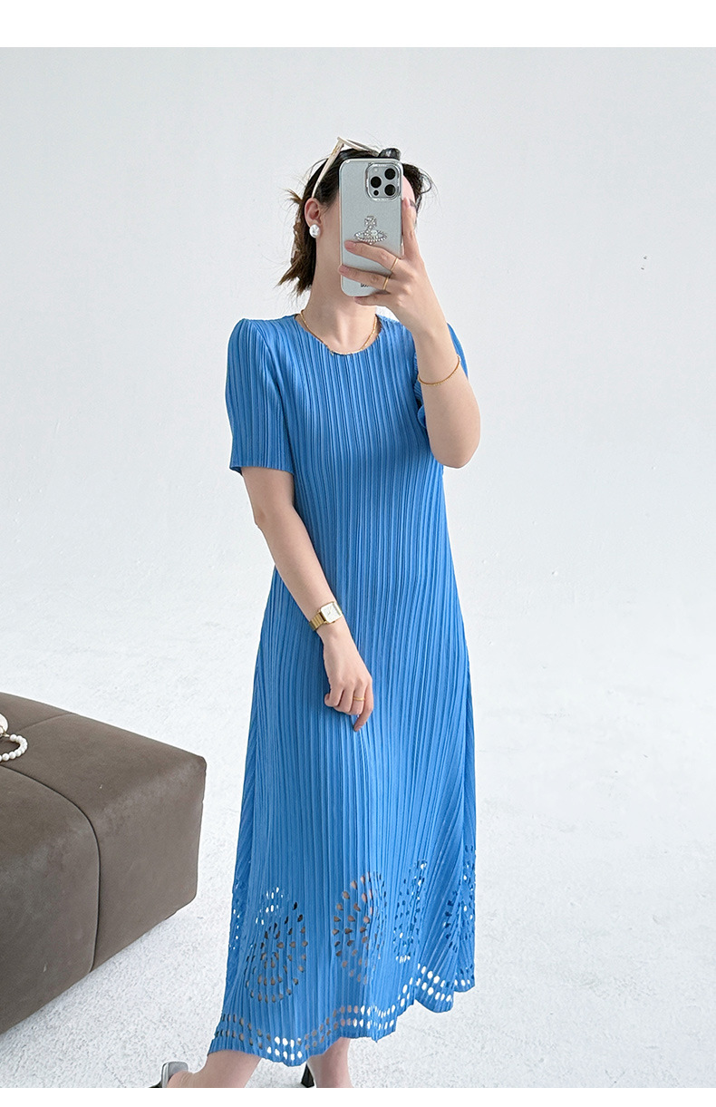 Váy maxi xếp ly đốt hoa tay ngắn phong cách Pháp — Màu xanh da trời chi tiết 1