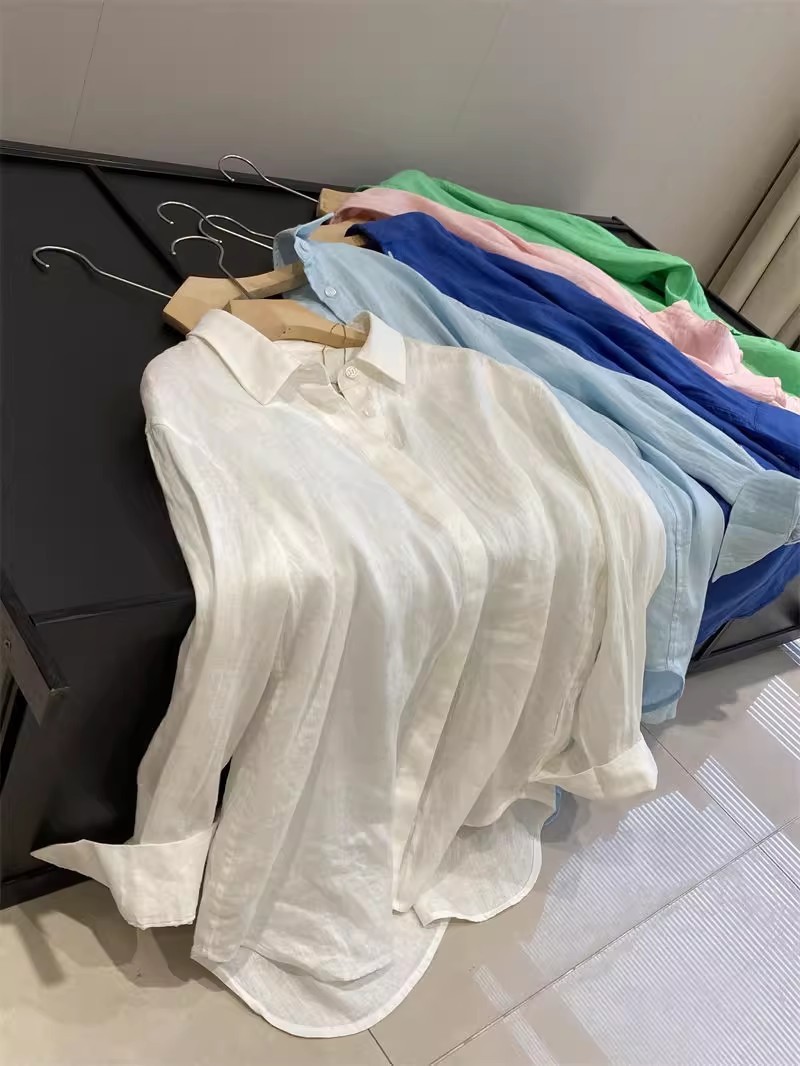Áo sơ mi linen nữ tay dài phong cách Pháp, chất cotton pha lanh cao cấp, form rộng thoáng mát — màu xanh nhạt chi tiết 8