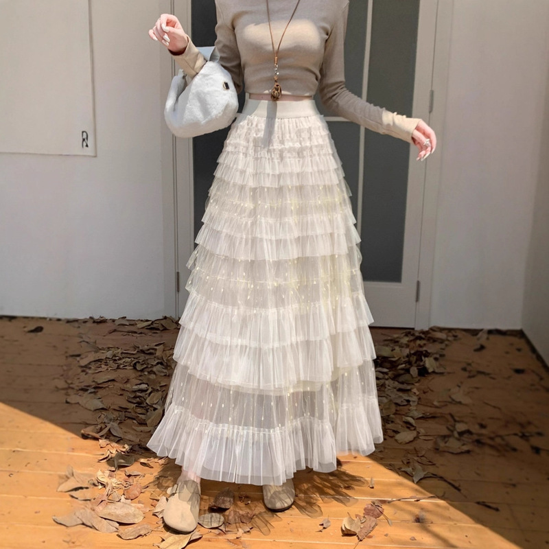 Cross-Border Elegant Shiny Polka Dot Cake Skirt 2025 Autumn New Fashion Sweet Gauze Long Women's Skirt