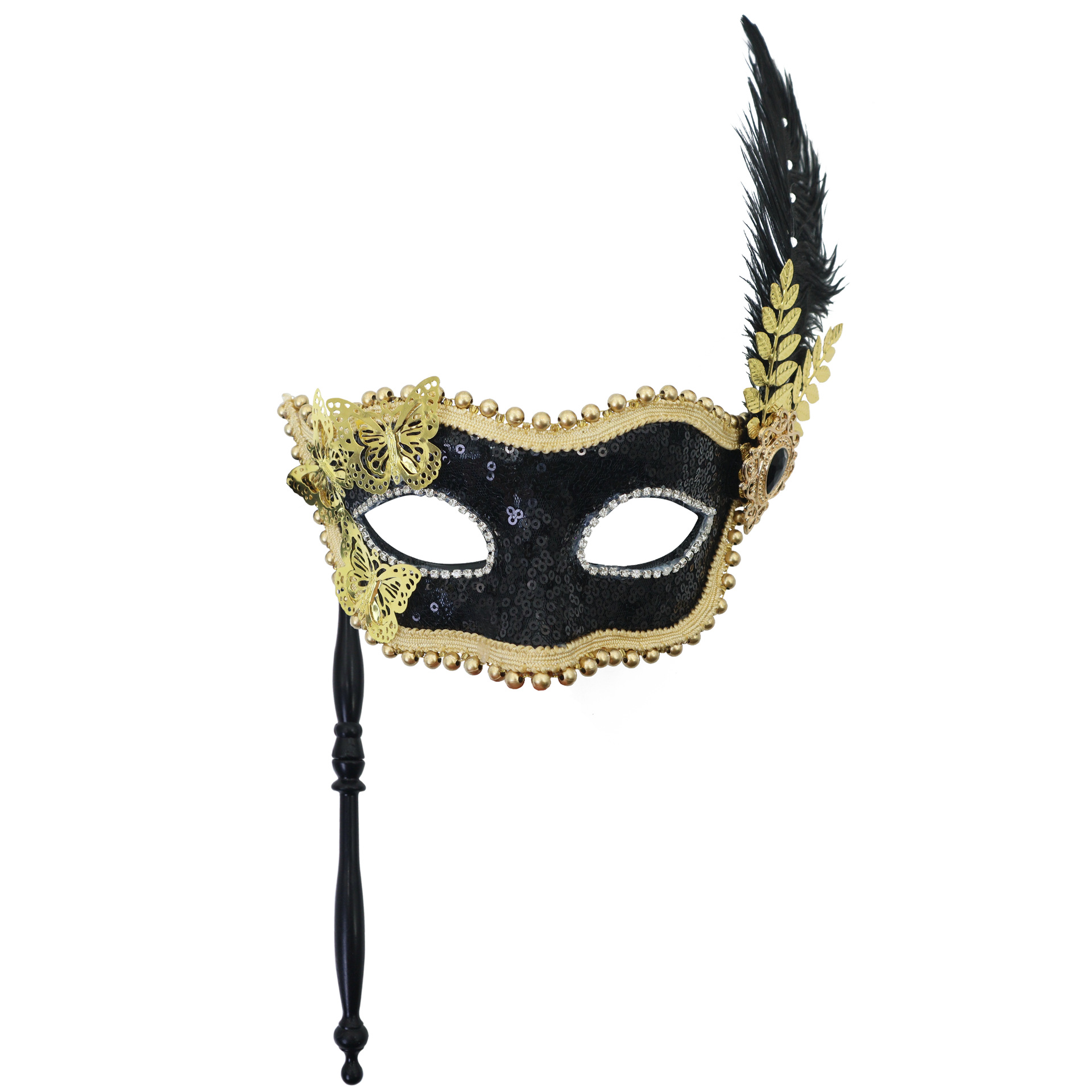 Amazon venta caliente de máscaras de sequillas de mano de borde lateral plumas metálicas mariposas maquillaje máscara de baile de damas