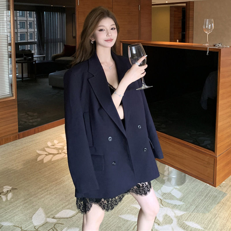 Shimei 2025 Autumn Pure Desire Style Loose Slimming Blazer Women's Sexy Lace Camisole Dress Two-Piece Set