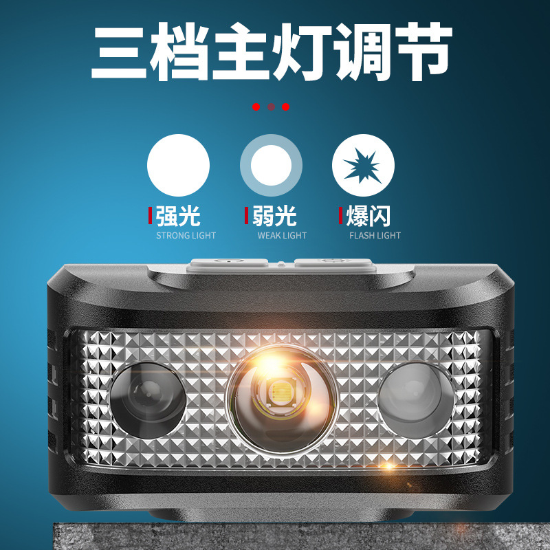 Transfronterizo nueva onda LED de inducción inteligente fuerte luz faro iluminación al aire libre recargable brillante linterna montada en la cabeza