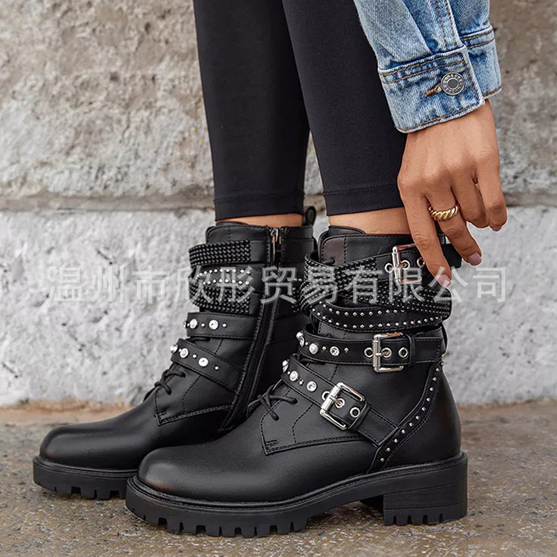 Cross-Border European and American Style Rivet Buckle Side Zipper Mid-Calf Round-Toe Belt Short Boots for Women, Flat Boots, Flat Heels, in Stock Cross-Border European and American Style Rivet Buckle Side Zipper Mid-Calf Round-Toe Belt Short Boots for Women, Flat Boots, Flat Heels, in Stock