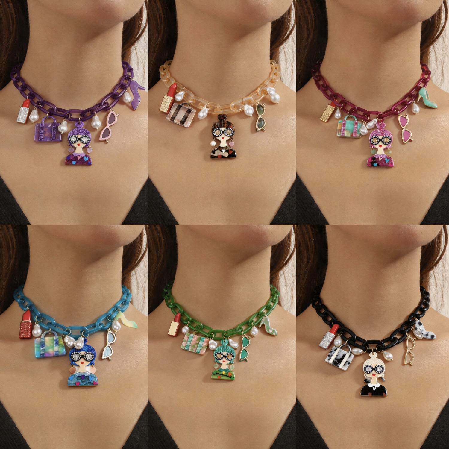 Sweet Cool Hot Girl Style Acrylic Chain Cartoon Pendant Necklace, Unique And Exaggerated Choker, In Stock For Immediate_voghion.com