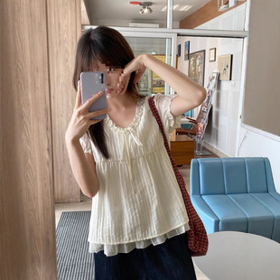 Milky Rabbit - Homemade Lyocell Lace Double-Layer Hem Women's Vertical Stripe Textured Short Sleeve Shirt Top Planet