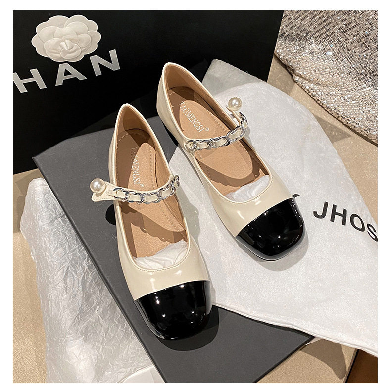 Giày Mary Jane nữ mũi vuông đế bằng phối màu ngọc trai, gót thấp 1–3 cm — Bạc phối đen, Đen bạc, Đen trắng chi tiết 36