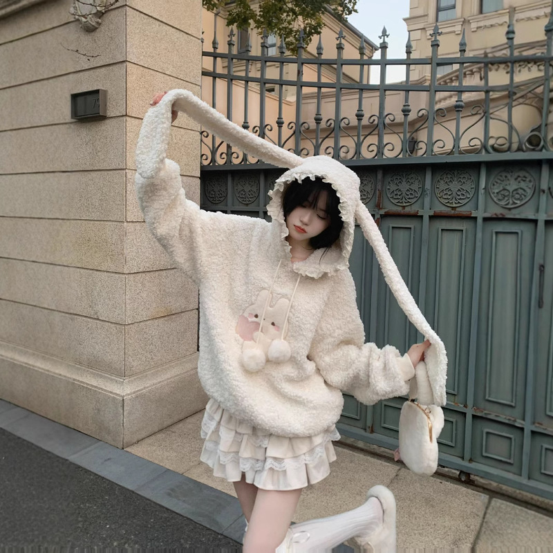 Rabbit Long Ears Hooded Lamb Wool Sweatshirt Coat Women's Winter fleece-lined Thickened Sweet Age-reducing Loose Top Trendy