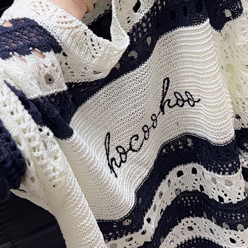 2026 Summer New Striped Fashion Hollow Out Top Korean Style Loose Cover-Up Long Sleeve Knit Sweater for Women 2026 Summer New Striped Fashion Hollow Out Top Korean Style Loose Cover-Up Long Sleeve Knit Sweater for Women