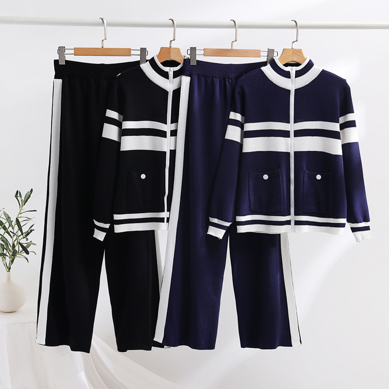 Women's Clothing Fashion suit autumn and winter color matching loose temperament cardigan top skinny pants knitted two piece suit for women_voghion.com