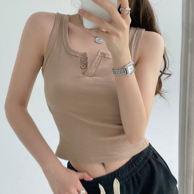 Women's Slim Fit Tank Top With Button Detail Sleeveless Summer Vest_voghion.com