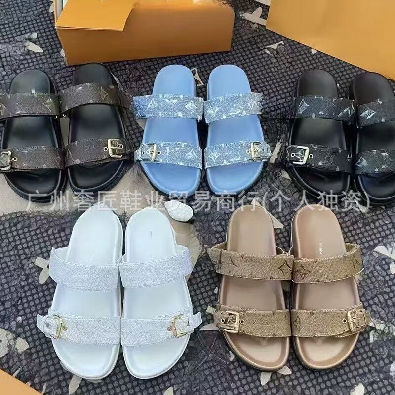 Foreign Trade L Brand Slippers High Version Monogram Rubber Metal Buckle Unisex Flat Slide Sandals Wholesale