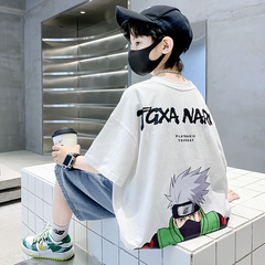 Cross-border new product Japanese cartoon boy's short-sleeve T-shirt, middle-child loose drop-shoulder base shirt, pure cotton top