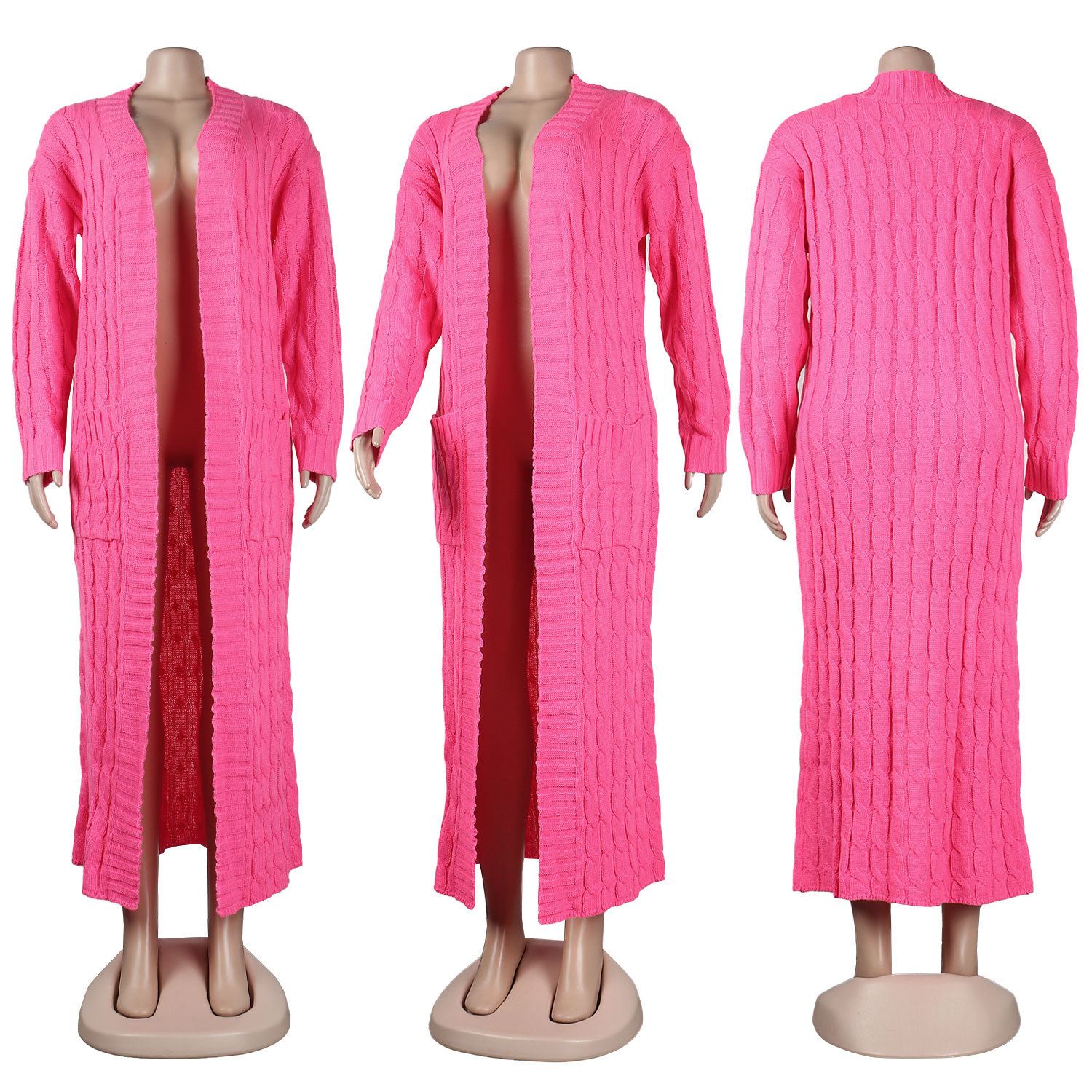 Damen Strickjacke Lang Aus Grobstrick In Unifarben Wintermantel_voghion.com