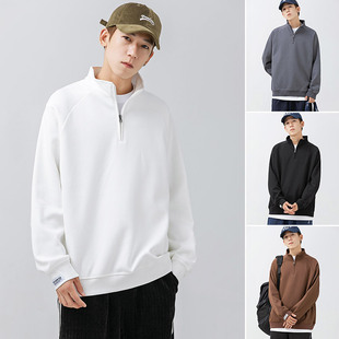 Spring and Autumn New Quality Sweater Men's Half Zipper Solid Color Loose Collar Polo Shirt Vintage All-match Trendy Long Sleeve