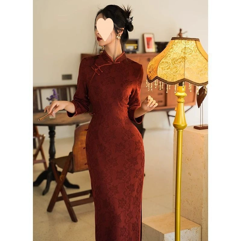 Весеннее платье в стиле ретро-чонсам из Китая 2025 года, улучшенная модель в молодежном стиле, длинное платье с длинными рукавами для девушек