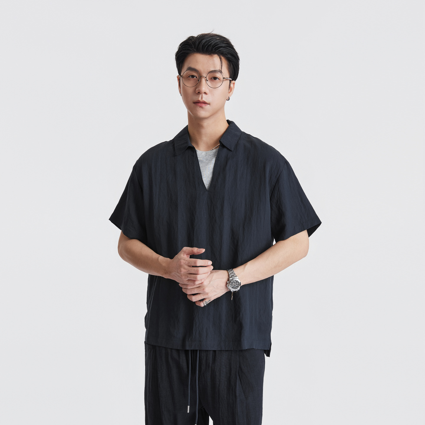 Áo sơ mi nam ngắn tay chất liệu Lyocell phối hai lớp cổ điển, phong cách old money — Xanh navy