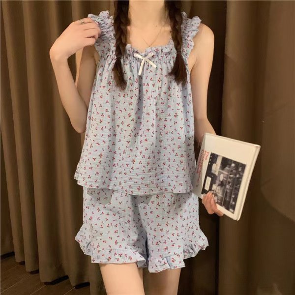 Verano burbuja arruga pijamas de las mujeres lindas pantalones cortos tirantes de alto grado ins estilo traje homewear pijamas de las mujeres