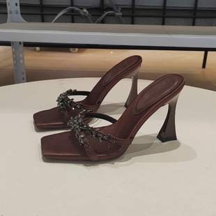 2025 Spring and Summer European and American Fashion High Heels Luxury Rhinestone Satin Open Toe Sandals Fashionable Square Toe All-match Women's Shoes