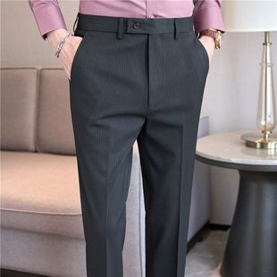 Delicate Texture Pinstripe Trousers, No Ironing, Anti-Wrinkle Elastic Men's Casual Pants, Korean Style Slim Fit Suit Trousers