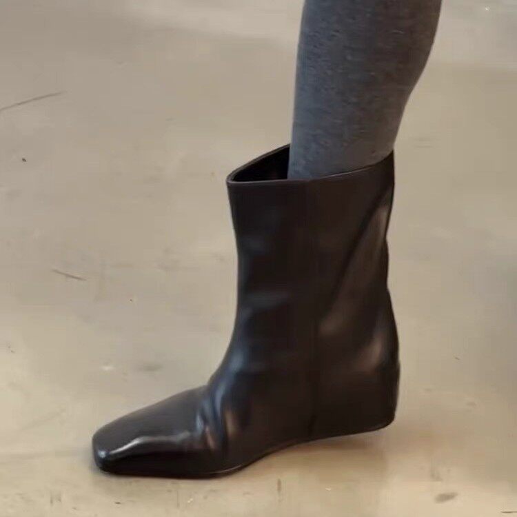 Bốt nữ cổ trung da bò thật mũi vuông ống rộng tôn dáng, gót xuồng 3–5 cm — Đen (lót lông), Đen (lót đơn)