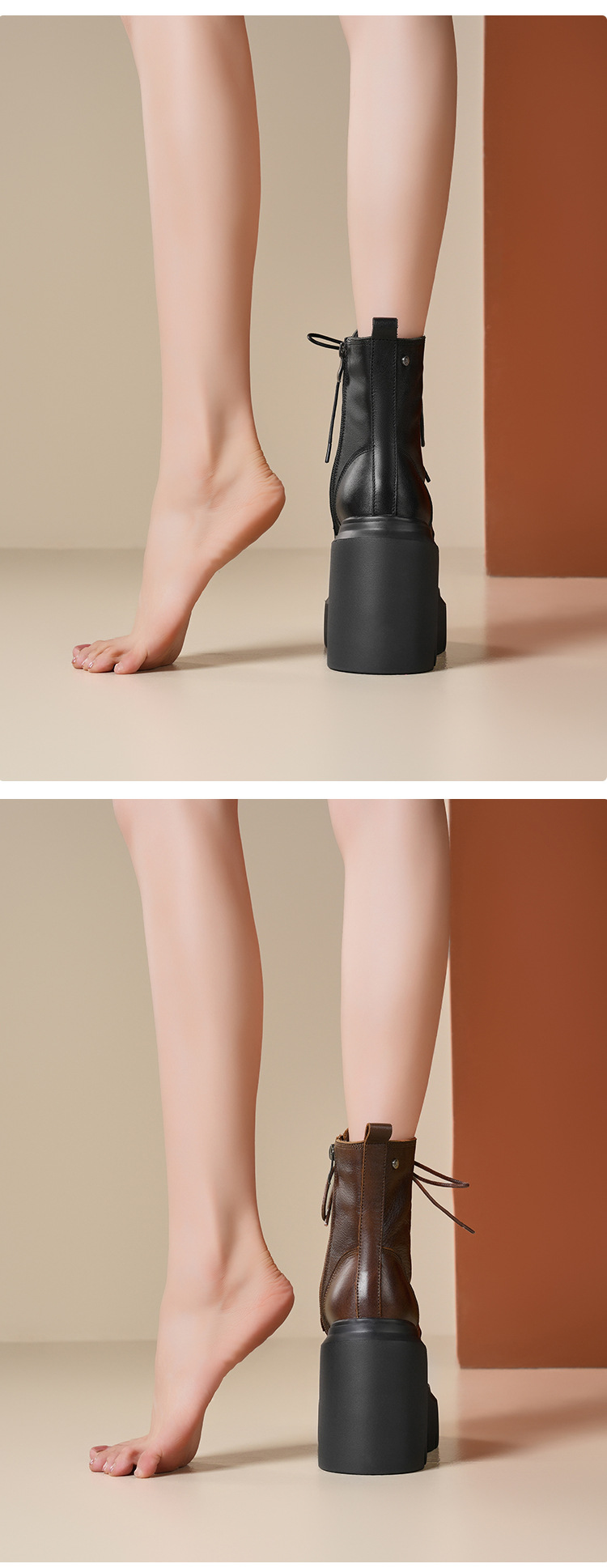 Boot nữ da mềm mũi tròn gót thô đế dày dây buộc — Lót nhung đen chi tiết 4