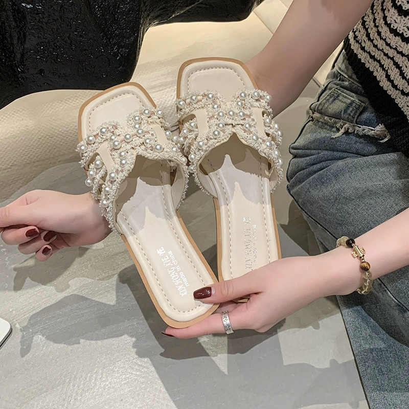 35-43 ярдов сети красный маленький ароматный ветер жемчужные тапочки женский летний 2025 новый внешний вид