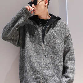 爆款美式撞色开衫连帽毛衣男秋冬季宽松慵懒风保暖毛绒针织衫外套