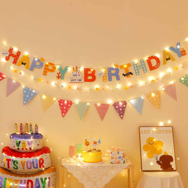 Colorful Happy Birthday Party Decorations Children's Banners Baby Photo Booth Flags Pom Poms And Flag Display for Celebrations_voghion.com