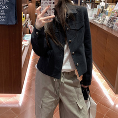 槿一 拿捏vintage 韩系翻领早秋黑色夹克休闲短款外套女复古通勤