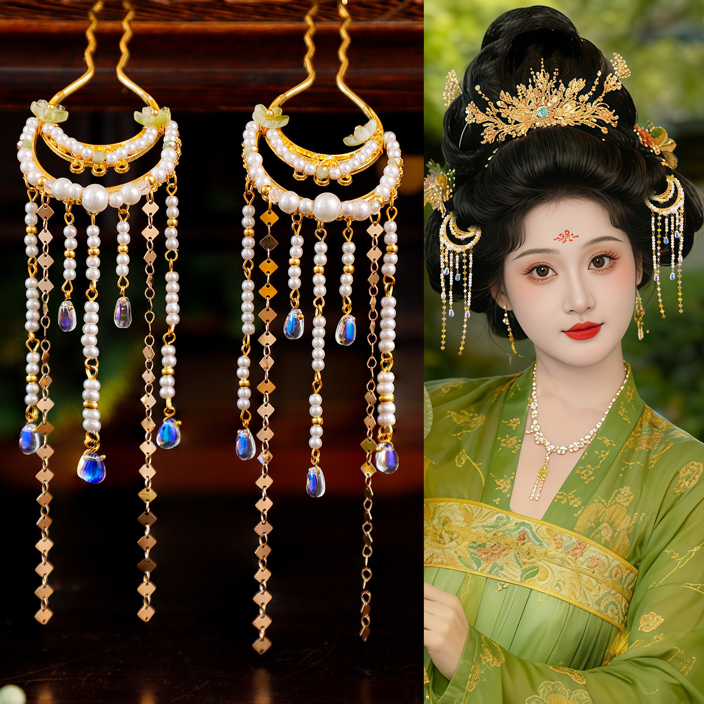 汉服古装宫廷风仿珍珠流苏发钗唐风贵妃写真造型仙气掩鬓发簪配饰