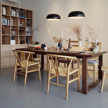 美式實木長條餐桌椅組合家用原木吃飯桌書房辦公室簡約洽談大板桌