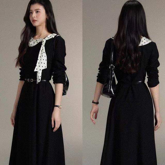 [Nanyi] French Style Polka Dot Floating Collar and Black Dress for Women with Waist-Cinching Skirt