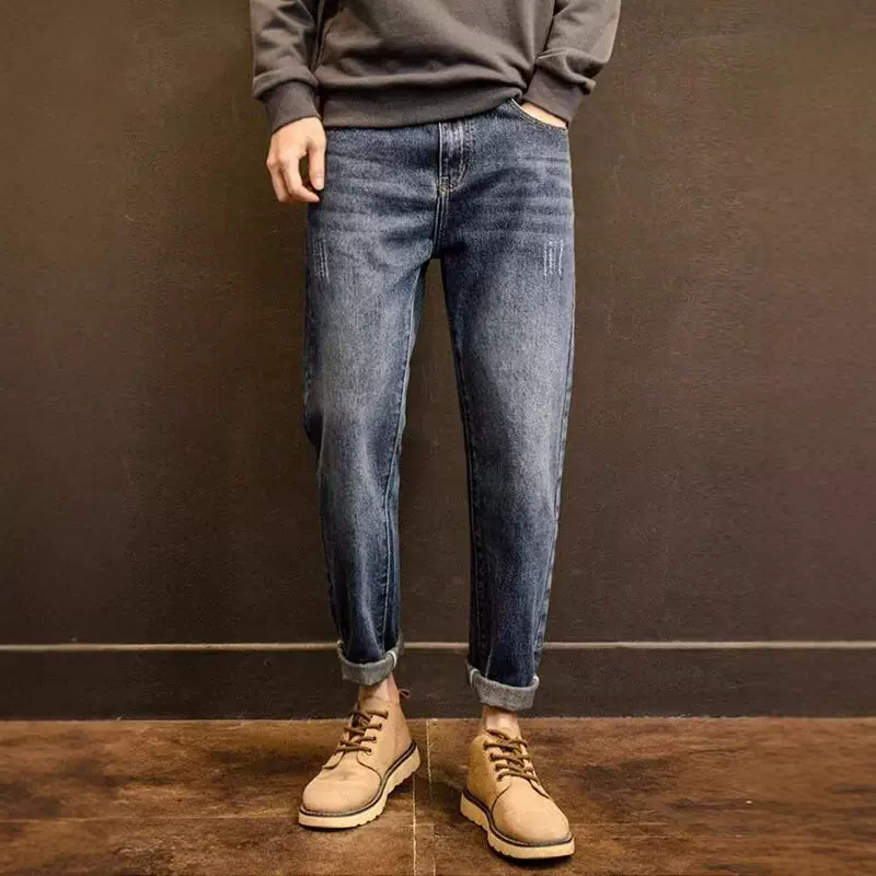 潮仑布男士牛仔裤秋季小脚复古牛仔裤男水洗潮流百搭男士休闲裤