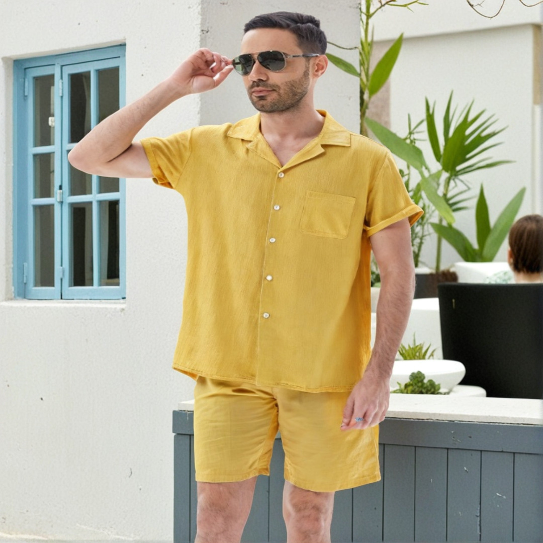 2023 verano transfronterizo algodón y lino de los hombres de color sólido solapa de moda camisa de manga corta pantalones cortos traje de dos piezas preventa