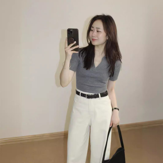 Korean-style V-neck Ice Silk Knitted Short-sleeved T-shirt Women's Summer Small Slim-fit Short POLO Shirt Half-sleeved Top