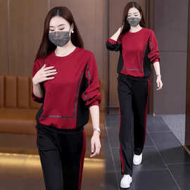 胖妹妹休闲时尚套装2025新款大码女装撞色圆领卫衣阔腿裤两件套女