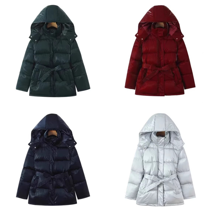New Foreign Trade Vintage Old Money Style Fashionable Comfortable High-End Feel Lace-Up Waist-Cinching Hooded Solid Color Cotton Warm Coat