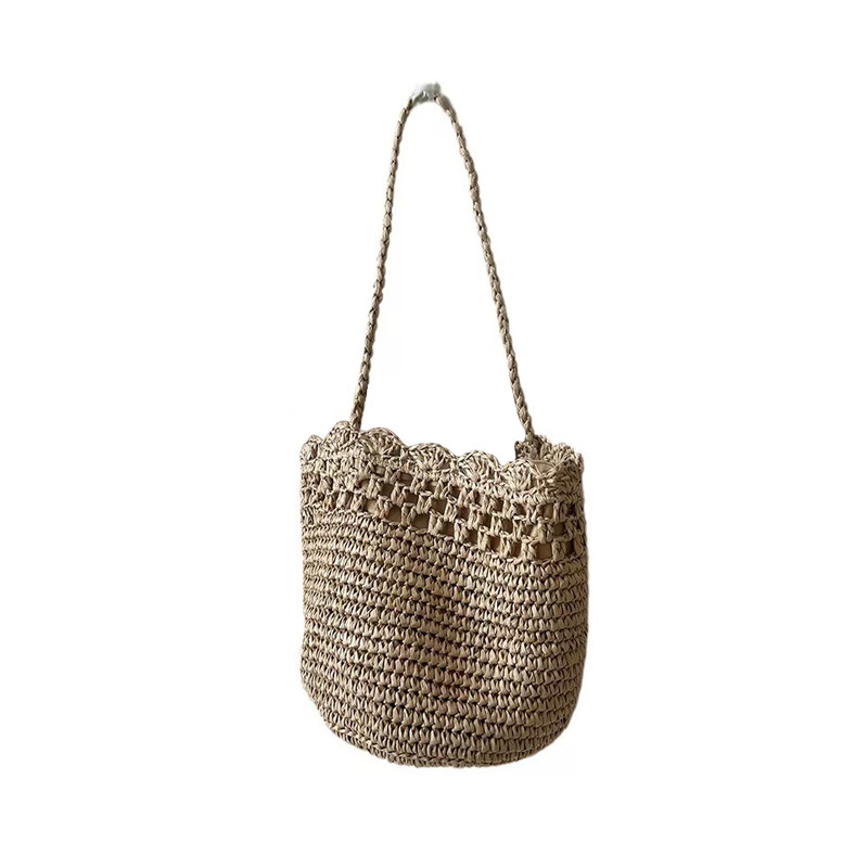 Handmade Rattan Shoulder Bag With Leather Trim Woven Basket Bag_voghion.com