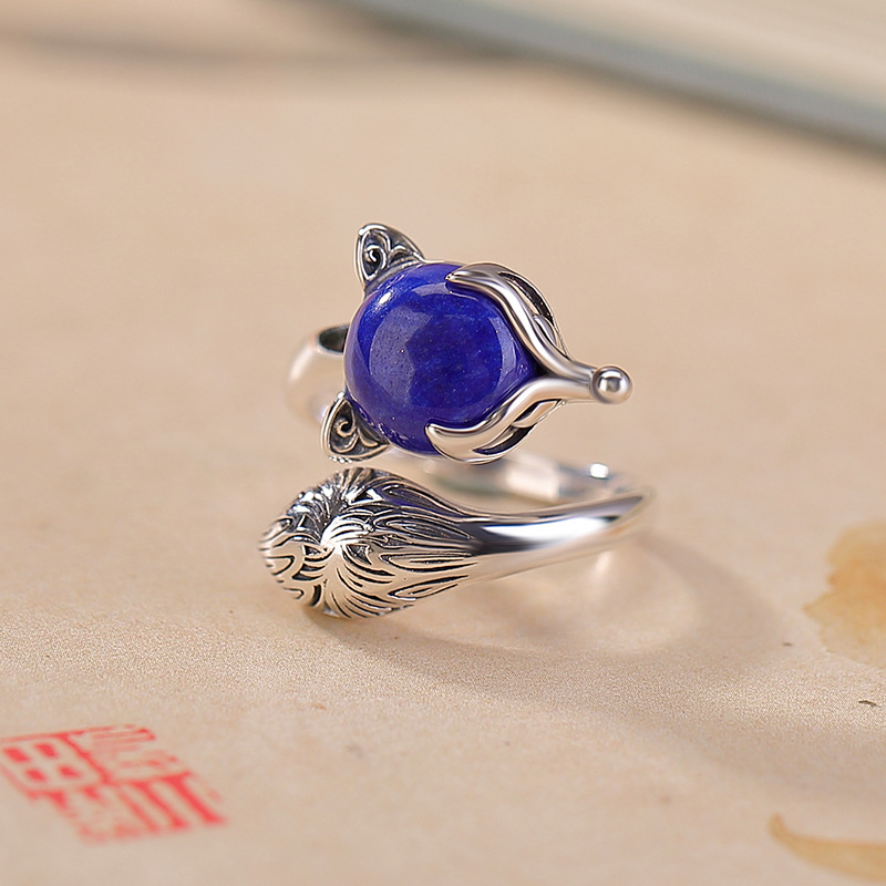 Nhẫn bạc S925 hình cáo đính đá Lapis Lazuli phong cách retro — Một mảnh
