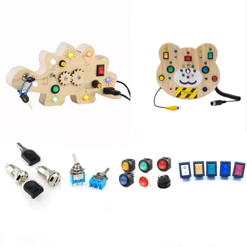 跨境木制恐龙忙碌板开关插座LED灯忙碌块开关电子锁木制玩具开关