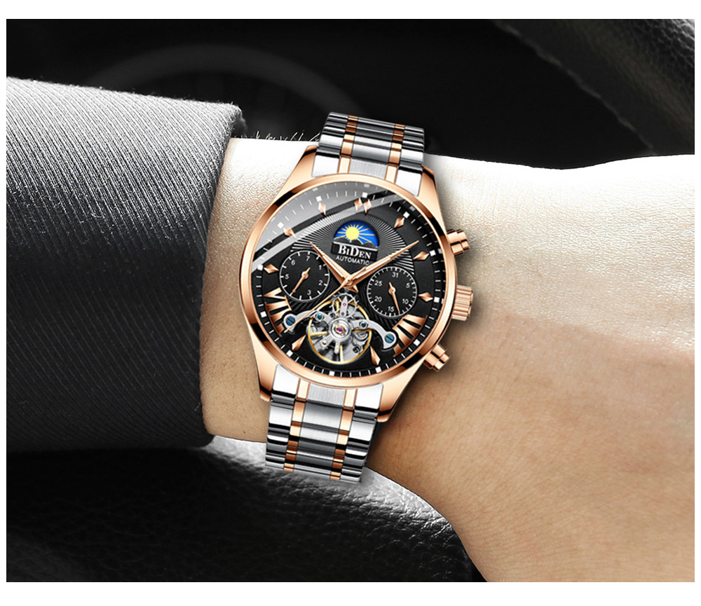 Biden Men's Mechanical Watch Multifunctional Sun Moon Star Luminous_voghion.com