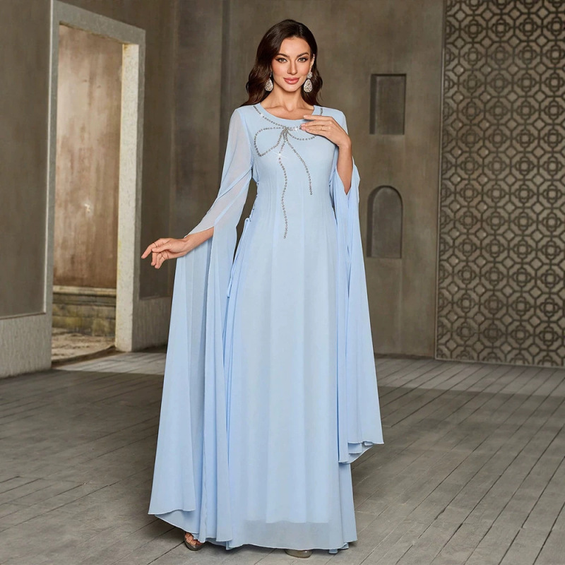 Ky2181 Women's Round Neck Ultra-Long Sleeve Solid Color Beaded Soft and Elegant Ball Gown Evening Dress Bridesmaid Dress Ky2181 Women's Round Neck Ultra-Long Sleeve Solid Color Beaded Soft and Elegant Ball Gown Evening Dress Bridesmaid Dress