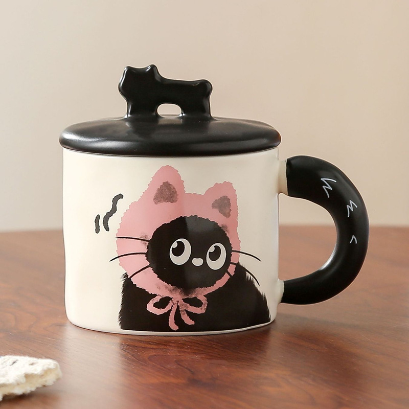 Gato taza de diseño retro taza de cerámica con cubierta caja de regalo regalo regalo de mano taza de caricatura de alta calidad para chicas