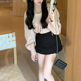 的格调2way前后两穿衬衫 粉色圆领廓形长袖上衣女