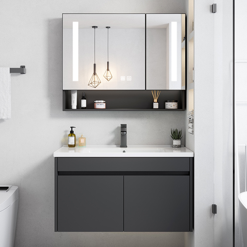 Negro engrosada espacio de aluminio baño gabinete combinación Hotel Rock placa integrada lavabo baño lavabo