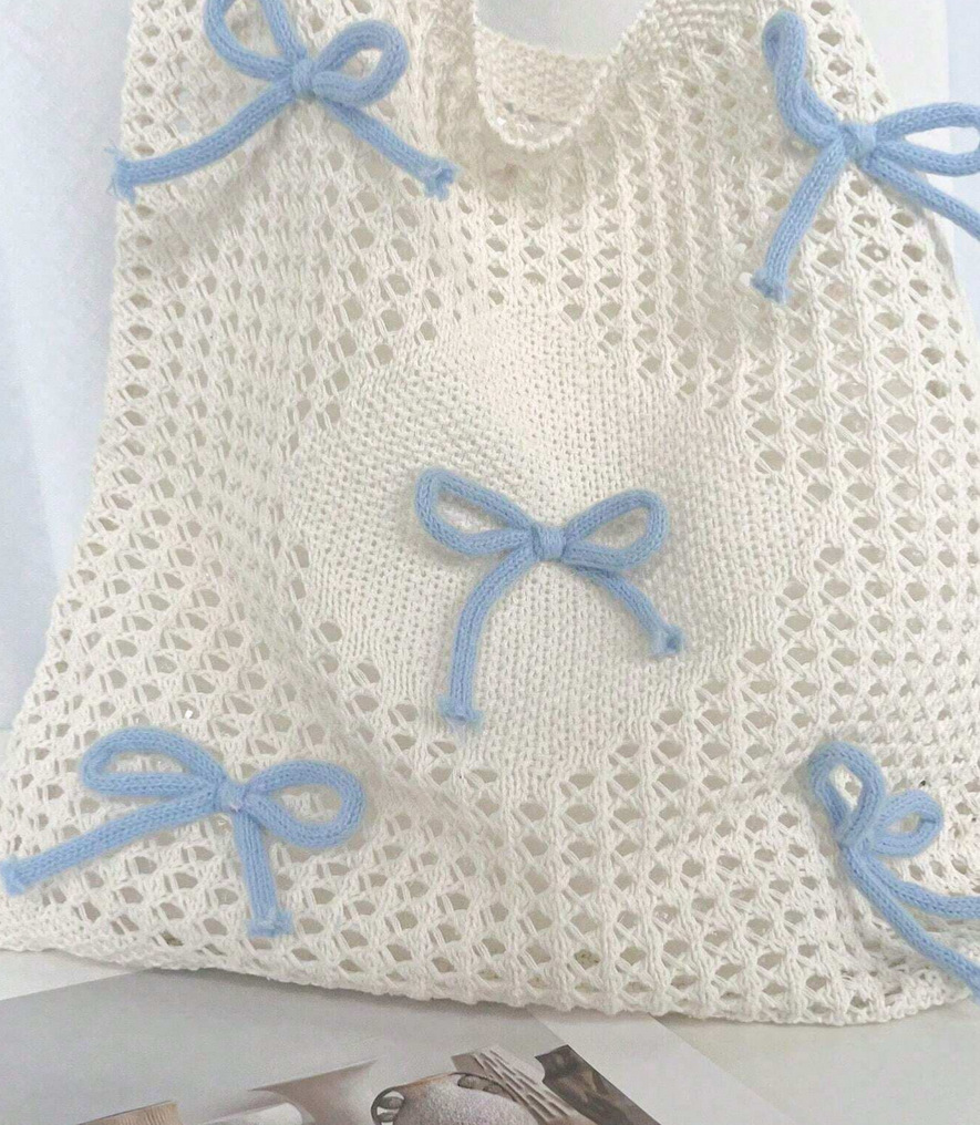 Square Shape Women's Medium Polyester Bow Knot Cute Preppy Style Knitting Hollow Square Open Square Bag